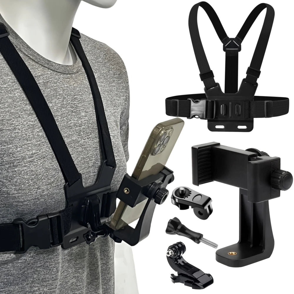 Harnais pectoral avec clip telephone 360° - Compatible GoPro et smartphones