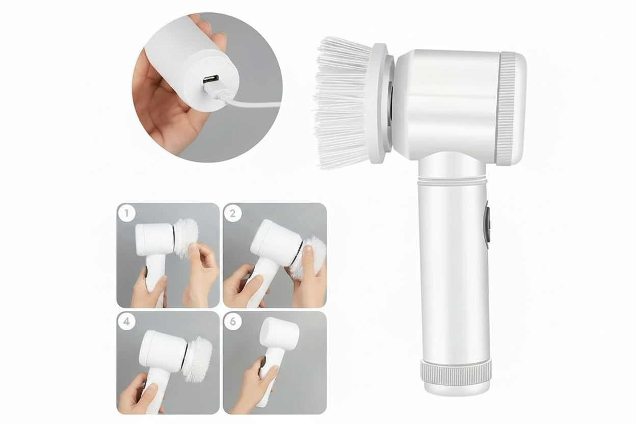 Brosse de nettoyage electrique rotative sans fil - 5 tetes interchangeables