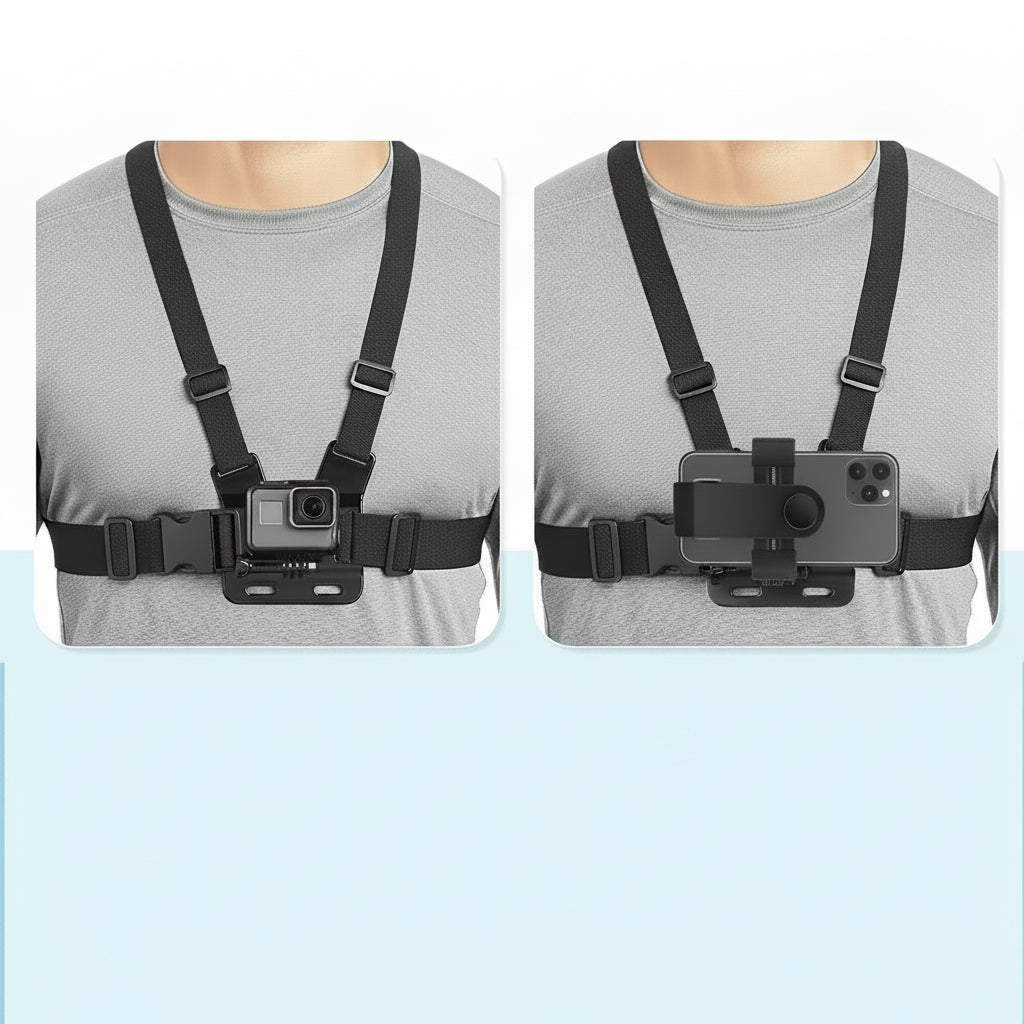 Chest harness with 360° phone clip - GoPro and smartphone compatible